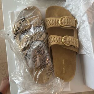 NWT Veronica Beard Tan Paige Sandals with Gold Buckles
